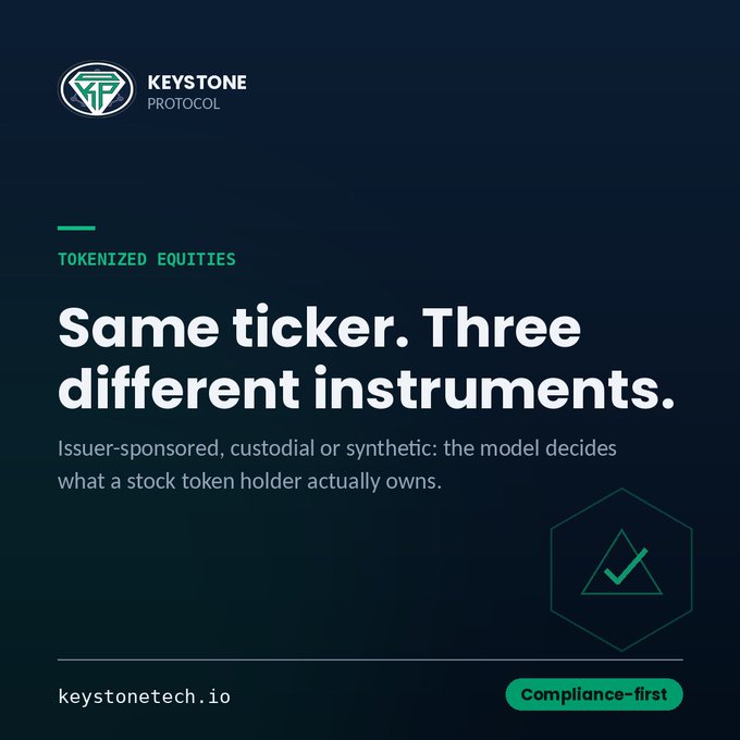A Keystone Protocol advertisement about tokenized equities with the headline 'Same ticker. Three different instruments.' and the website keystonetech.io.