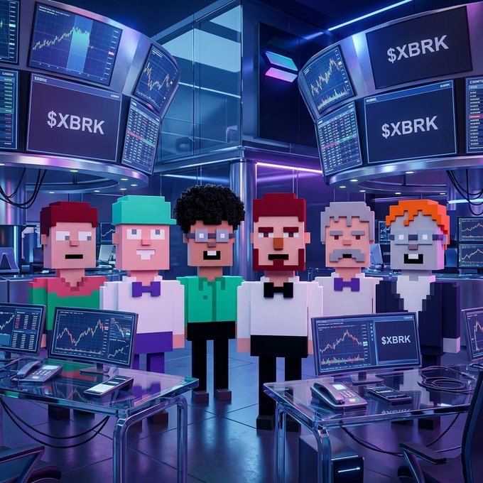 A group of pixel-art broker characters in bowties and formal attire stand in a neon-lit trading floor surrounded by screens displaying "$XBRK" tickers and price charts, tying directly into the SolanaBrokers ($XBRK) launch campaign inviting fans to design their own broker characters and artwork.