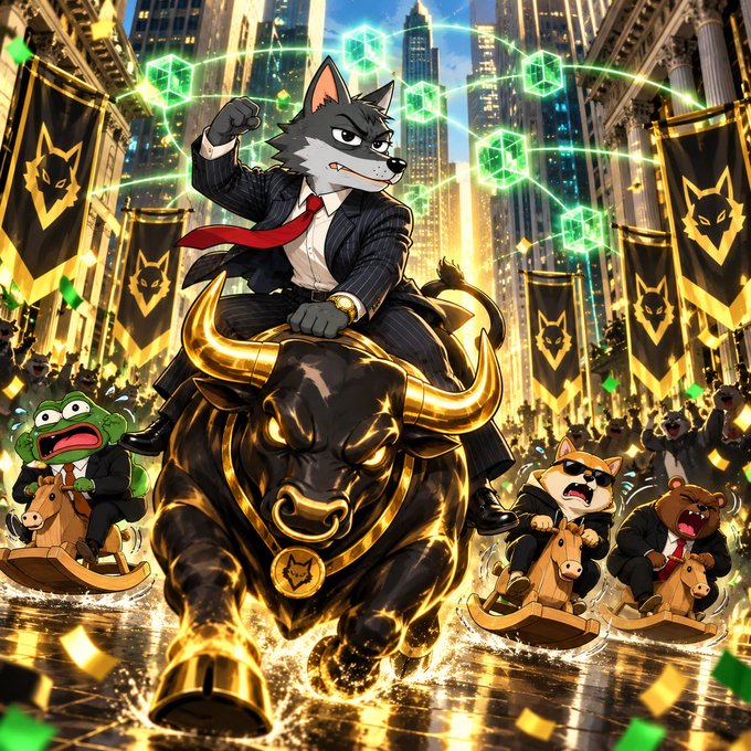 A vibrant AI-generated artwork depicting an anthropomorphic wolf in a pinstripe suit riding a golden bull, surrounded by other animal characters in suits on rocking horses, with green blockchain-themed cubes floating in the background.