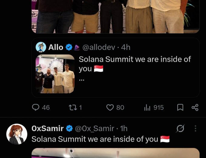 Twitter/X posts by verified users 'Allo' (@allodev) and '0xSamir' (@0x_Samir) about 'Solana Summit we are inside of you 🇸🇬' featuring photos of groups of people.