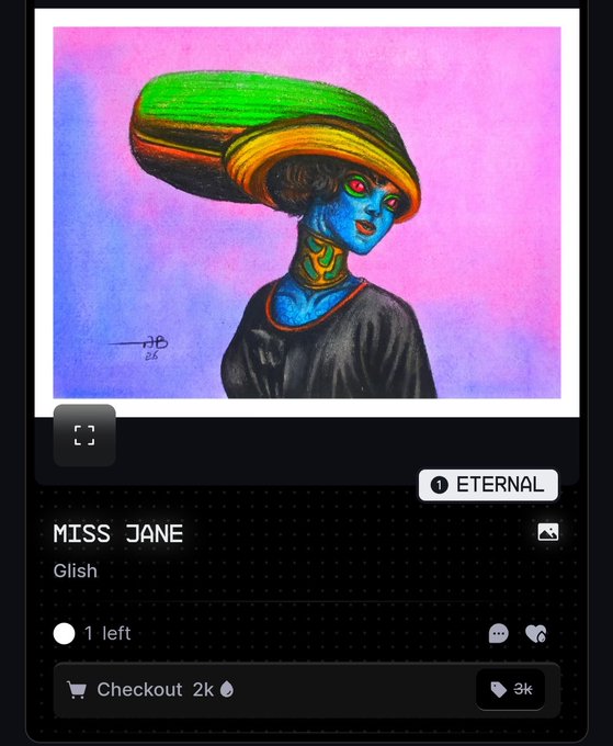 An NFT marketplace listing for 'MISS JANE' from the 'Glish' collection on the ETERNAL platform, showing a colorful portrait of a blue-skinned woman with a large green and yellow headdress, priced at 3k with 1 remaining.