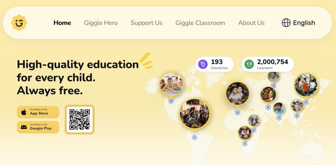 A website header for an education platform stating "High-quality education for every child. Always free," with navigation for Home, Giggle Hero, Support Us, and stats showing "193 Countries" and "2,000,754 Learners," available on the App Store and Google Play.