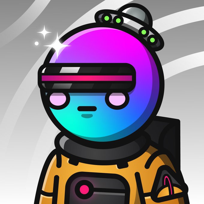 A cartoon astronaut with a purple-to-blue gradient visor and a "GM" (Good Morning) visor strip, reflecting the "GM Happy Sunday!" message.