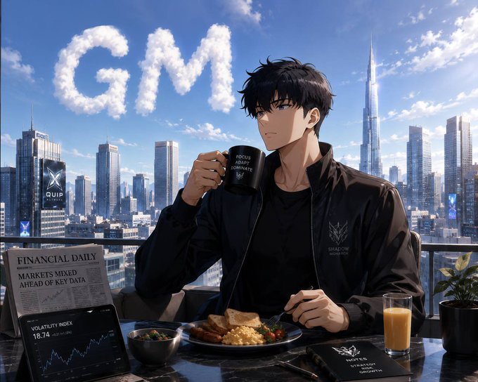 An anime-style illustration of a dark-haired man drinking from a mug labeled 'FOCUS AND DOMINATE' against a city skyline with 'GM' formed in the clouds, surrounded by financial charts and newspapers.