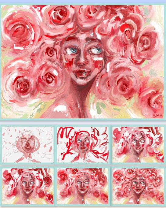 An artistic painting of a face surrounded by red roses, shown along with multiple step-by-step sketch iterations of the same artwork, signed 'SHA'.