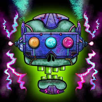 A colorful neon graphic of a mechanical skull with three colored gem-like eyes (orange, blue, pink) surrounded by lightning bolts.