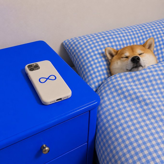 A smiling Shiba Inu dog sleeping under a blue and white gingham blanket next to a blue nightstand, on which rests a white phone case featuring a blue infinity symbol.