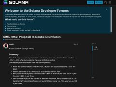 Screenshot of the Solana Developer Forums welcome page showing a proposal titled 'SIMD-0050: Proposal to Double Divisorization' related to SIMD purposes.