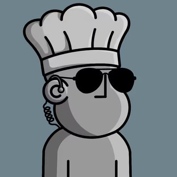 A simple gray cartoon character with a curled mustache, wearing a white chef's hat and black sunglasses against a teal background.