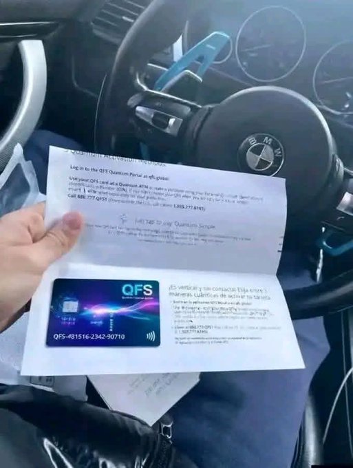 A hand holds a QFS Quantum Portal activation letter and card (QFS-481516-2342-90710) inside a BMW vehicle, instructing the recipient to use a Gateway with Onpass portal credentials.