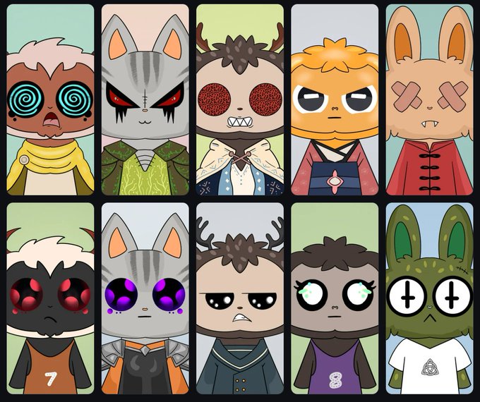 A grid of ten cartoon character portraits featuring various anthropomorphic animals including cats, deer, foxes, and rabbits, with the bottom row labeled with numbers 7 and 8.