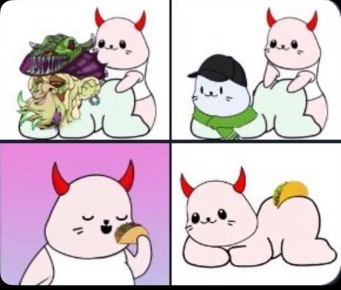 A four-panel comic featuring a cute white cat-like character with red horns interacting with various creatures including a dragon, a cat in a cap, eating a taco, and lying down.