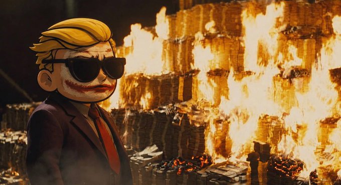 AI-generated image of a cartoonish figure with blonde hair, sunglasses, and a clown-like grin in a suit standing before massive stacks of burning money.