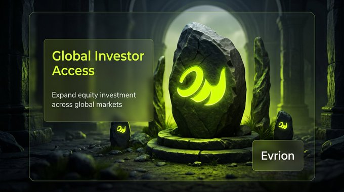The image features a glowing stone monolith marked with a green stylized "M" emblem, set in a dimly lit ancient chamber, with a text overlay reading "Global Investor Access — Expand equity investment across global markets" and a label "Evrion." It visually reinforces the post's message of Evrion's blockchain-based platform breaking down geographic barriers to deliver tokenized equity to a worldwide investor base.