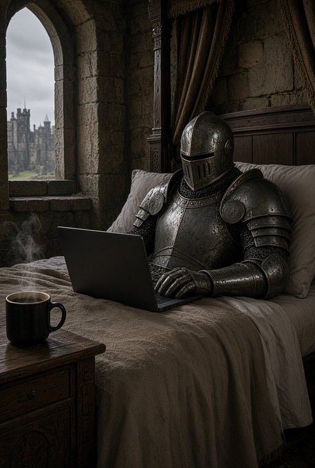 A medieval knight in full armor sitting in bed in a stone castle room, wearing sunglasses and using a laptop with a coffee mug nearby.