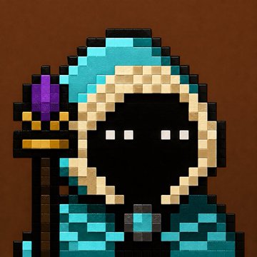 A pixel art illustration of a hooded figure wearing a teal and tan robe with a dark face showing only small white eyes, holding a purple gem-topped staff against a brown background.
