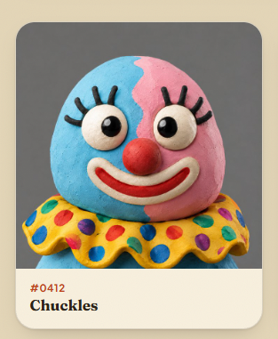 A clay-style clown figurine labeled "Chuckles" (#0412) features a blue and pink face with a red nose and a polka-dotted collar, likely serving as the mascot for the "Claymates" NFT mint mentioned in the post.