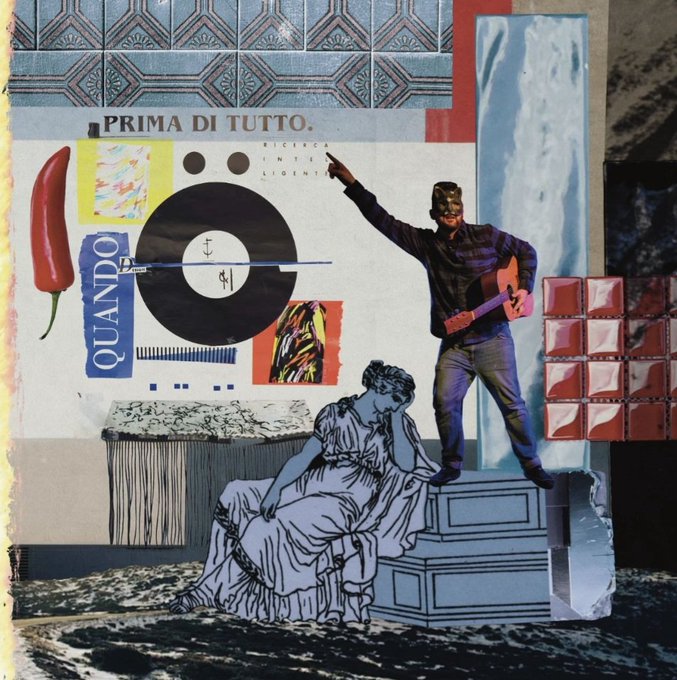 A collage-style artwork featuring a masked guitarist in a purple striped shirt, a seated classical figure sketch, a red chili pepper, a vinyl record, and Italian text "PRIMA DI TUTTO" and "QUANDO," serving as the visual accompaniment for an NFT collaboration titled "Mr. Brightshad 2" by Mr Bret Jolliffe on objkt.com.