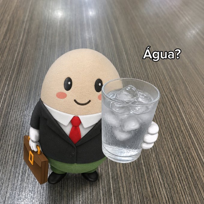 A small, bald figurine in a business suit holds a glass of ice water and a briefcase, with the text "Água?" (Portuguese for "Water?") overlaid above it. The image serves as a humorous way to advise traders to hydrate themselves after losses, referencing the post's mention of "$cupsey."