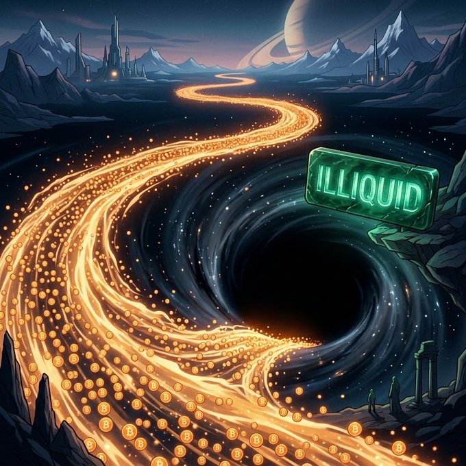 A fantasy digital artwork showing a swirling river of glowing Bitcoin flowing into a dark void, with a green 'ILLIQUID' sign nearby.