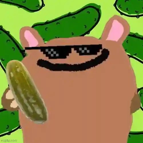 A meme image of a brown cartoon cat wearing pixelated 'thug life' sunglasses and holding a pickle, set against a green background with cucumber slices.