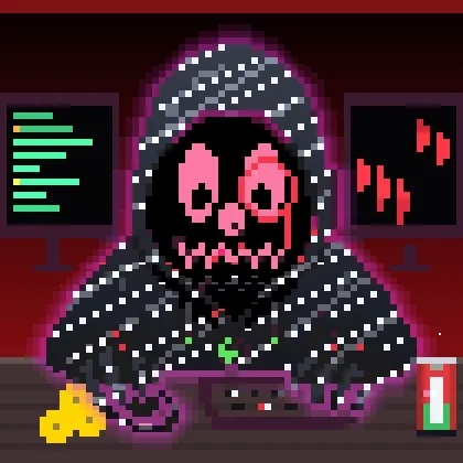 A pixel art illustration of a hooded grim reaper figure with a skull face at a computer, surrounded by cheese, a soda can, and monitors showing charts.
