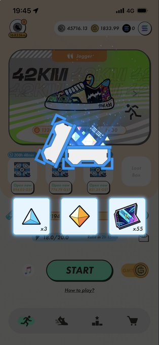 Mobile app screen showing a sneaker-themed game with 'Jogger 42KMI', a sneaker NFT, a START button, and reward icons for blue triangle (x3), orange crystal, and holographic card (x55).