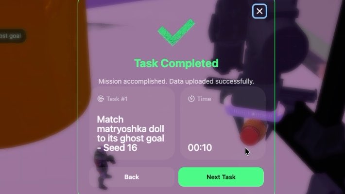 A 'Task Completed' screen on a device showing 'Mission accomplished. Data uploaded successfully' for 'Task #1: Match matryoshka doll to its ghost goal - Seed 16' with a time of '00:10'.