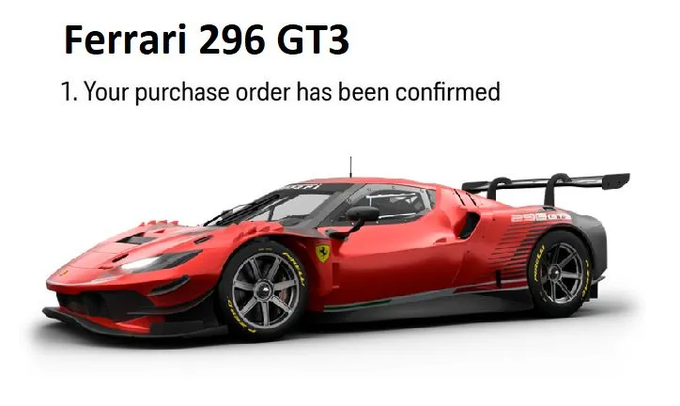 The image shows a red Ferrari 296 GT3 race car with the text "Ferrari 296 GT3" and "1. Your purchase order has been confirmed" displayed at the top. The "purchase order confirmed" text paired with the expensive race car appears to be a tongue-in-cheek reference to Ansem's (a popular crypto trader/meme influencer) investment gains or calls, jokingly suggesting the purchase was funded by following his trades.