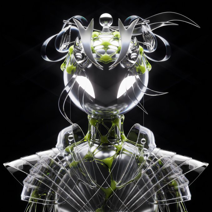 A mirrored, chrome-like humanoid figure with green organic accents and sharp metallic protrusions reflects light against a dark background, conveying a futuristic, high-tech aesthetic that aligns with the sleek, electronic tone of the giveaway announcement for 10 GTD spots from @SoulsClubInc.