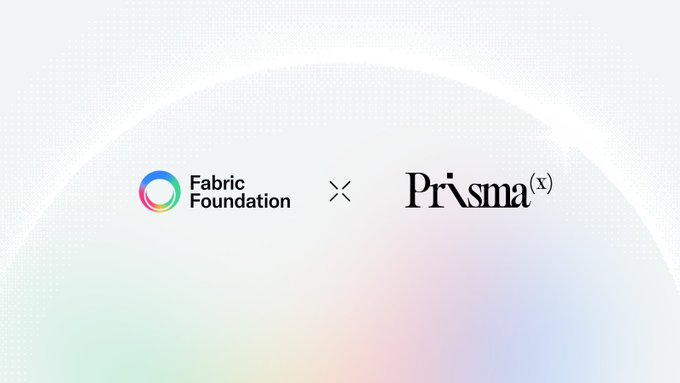 A promotional graphic showing the logos 'Fabric Foundation' and 'Prisma(x)' separated by an 'x' on a soft, iridescent gradient background.