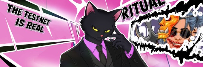 The image features a black cat wearing a suit, standing against a pink background that says "Ritual". Below the cat's head, there are two stickers with a skull and crossbones design, one of which has a pair of sunglasses on top. The caption reads "The Testnet is Real" followed by an update about a new dApp called "Mission: Testing 100 dApp on @ritualnet Just minted my Ritual Banner NFT once again after the Major Update in the dApp."