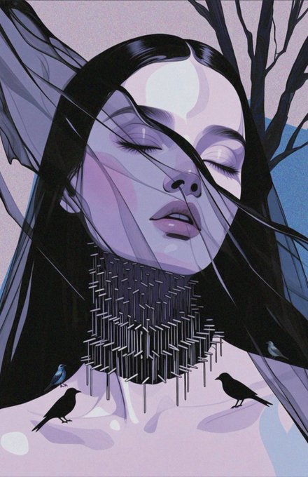 A stylized artistic illustration of a woman with closed eyes and flowing black hair, with a metallic geometric structure resembling a city or microphone protruding from her mouth, surrounded by black birds and bare trees against a purple-toned background.