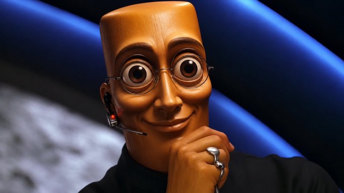 A stylized cartoonish character with oversized glasses, a headset, and a silver ring poses thoughtfully with its hand on its chin against a blue background. The character's wide, knowing grin evokes a sense of scheming or anticipation, which ties into the post's playful tone about a deceptive price dip before a major surge to "100M."