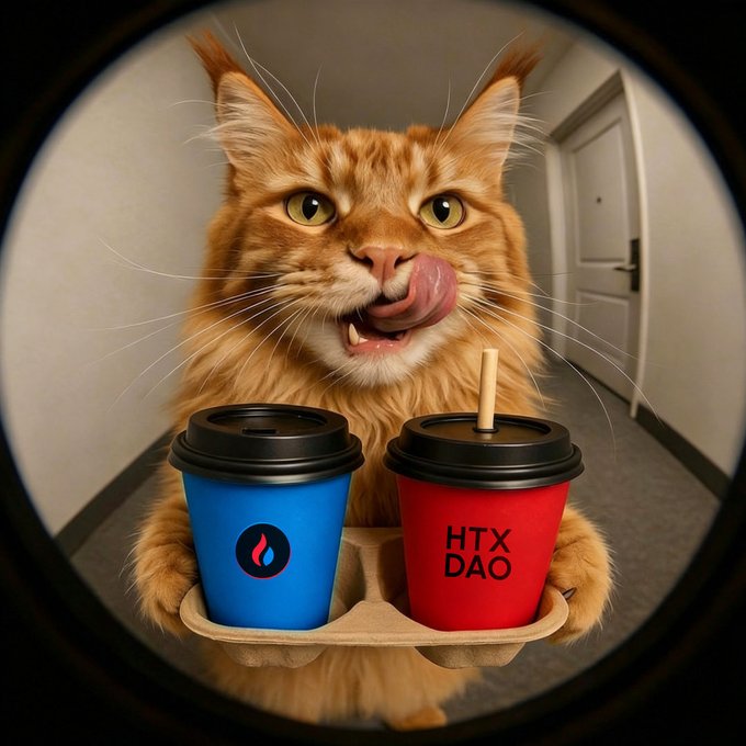 An orange Maine Coon-style cat licking its lips while holding a cardboard tray with two coffee cups—one blue cup featuring a flame logo and a red cup labeled "HTX DAO"—delivering a playful "GM" coffee delivery to fellow HTX DAO community members.