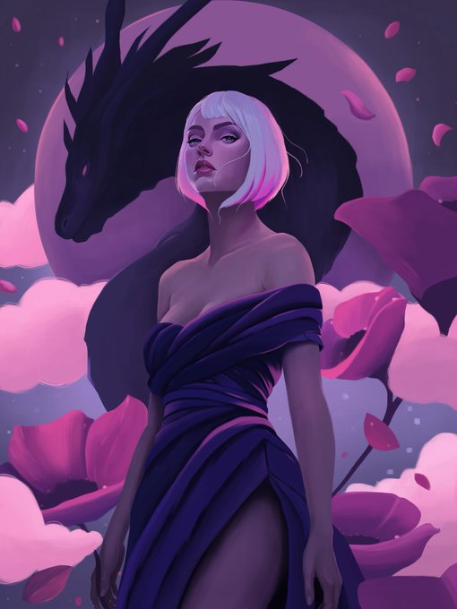 A woman with a short white bob haircut stands in a flowing purple dress before a full moon and silhouetted dragon, surrounded by large pink flowers and falling petals.