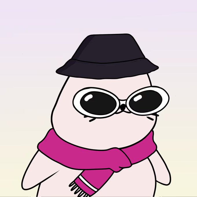 A cartoon character, appearing to be a pink cat-like creature, wears a black bucket hat, white-framed sunglasses with black lenses, and a bright pink scarf.