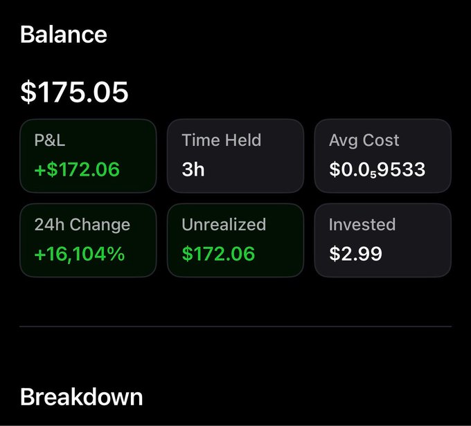 Mobile app screen showing a crypto balance of $175.05, with P&L of +$172.06, time held 3h, 24h change +16,104%, and invested $2.99.