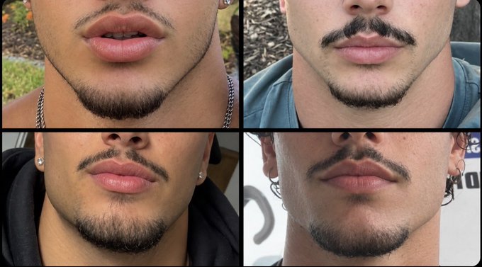 A four-panel collage showing close-up photos of different men's faces featuring mustaches and goatees, with the post labeling the poster as a "Pump fun affiliate"—likely using the facial hair imagery as a tongue-in-cheek reference to grooming or appearance, though no direct connection to the crypto platform is visually evident.