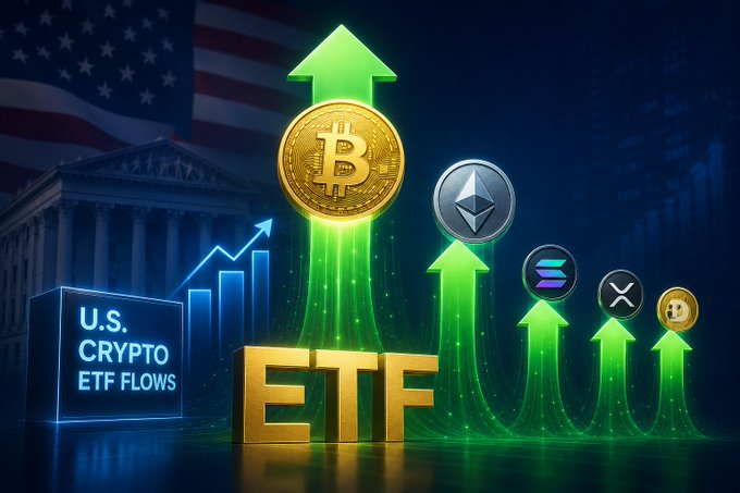 A financial graphic depicting U.S. Crypto ETF Flows with rising green arrows lifting Bitcoin, Ethereum, Solana, XRP, and another coin logos, with the U.S. flag and a government building in the background.