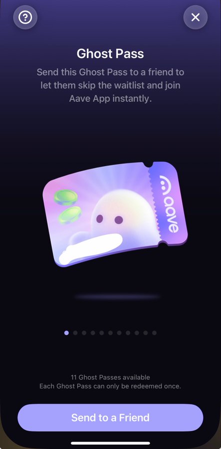 A mobile screen showing an "Aave App" Ghost Pass, with the caption "Send this Ghost Pass to a friend to let them skip the waitlist and join Aave App instantly," along with a note that "11 Ghost Passes available" and a "Send to a Friend" button. The image relates to the announcement of Aave App winners, as the Ghost Pass allows recipients to skip the waitlist and join the app right away.