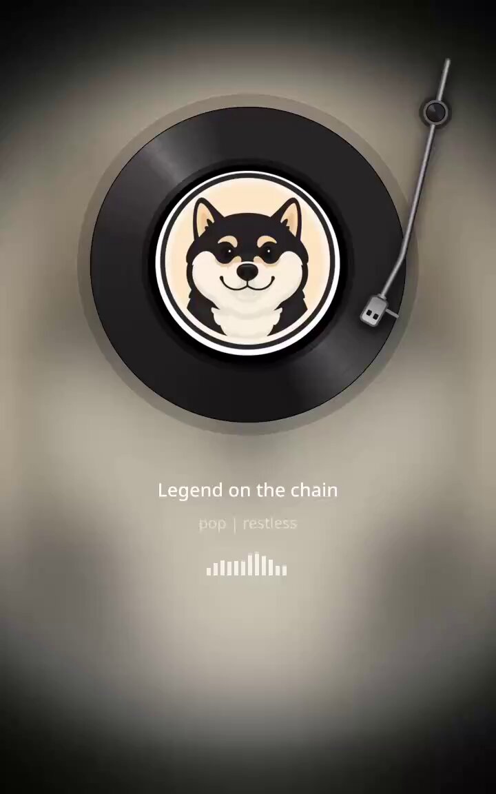 The image features a black and white record player with a dog face on its top. The background of the image is black, which contrasts with the white record cover. Below the record player, there's text that reads "Legend on the chain", followed by an image of a dog face. The post also includes a line about pop music, stating that it's like my life and encouraging people to invest in what they love.