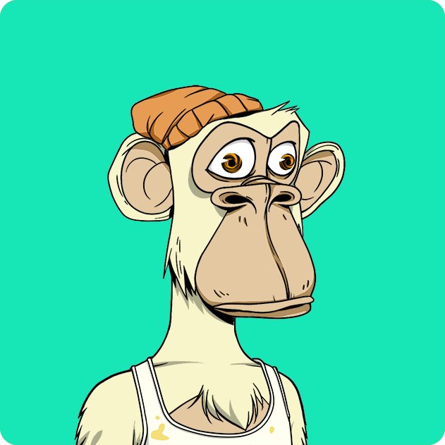 A cartoon illustration of a serious-looking monkey or ape character wearing a tan beanie and a white tank top with stains, set against a teal background.