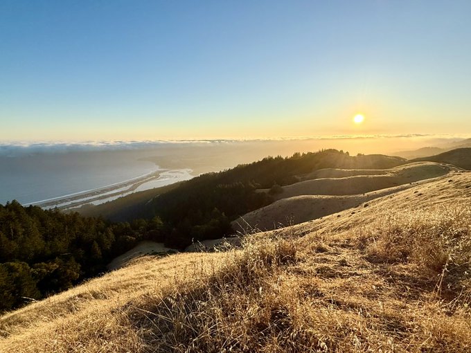 A sweeping coastal vista at sunset, with golden grasslands cascading down forested hillsides toward a curving shoreline and misty ocean, evokes the serene escape that makes property taxes feel almost worth it.