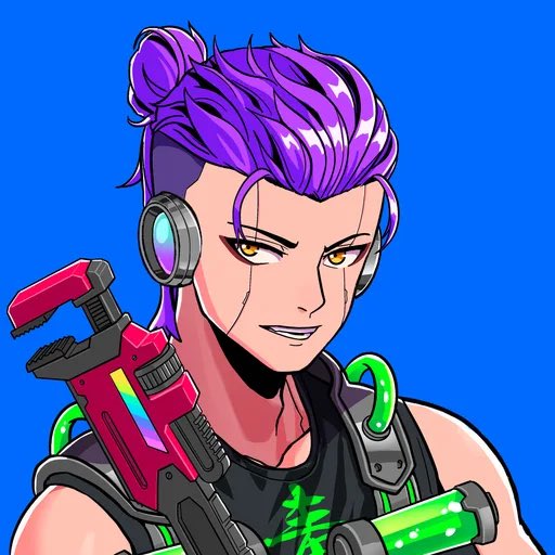 A digital illustration of an anime-style character with purple hair tied in a bun, wearing headphones and holding a pink futuristic weapon against a blue background.