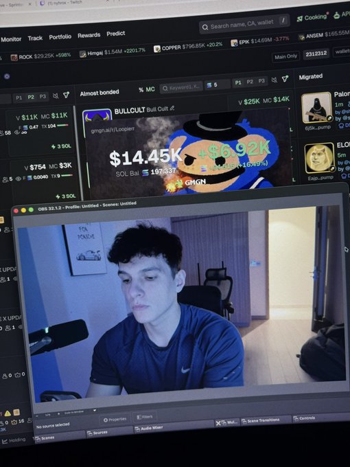 A young man streams via OBS in front of a Monitor tab showing "BULLCULT" ($14.45K, +$8.92K gains) and other crypto tickers like ANSEM ($165.55M), Hmngs ($1.54M, +201.7%), and COPPER ($796.85K, +202%), highlighting his profitable trading session that earned +94 SOL/$7,000 over a 5-hour stream.
