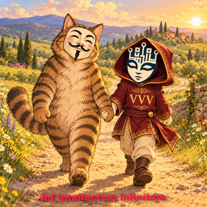 An AI-generated illustration of a smiling cat wearing an Anonymous/V for Vendetta mask walking hand-in-hand with a hooded figure in red robes bearing 'VVV', set in a sunny Tuscan landscape with the text 'Ad Intellectum Infinitum'.