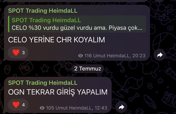 Two screenshots from the "SPOT Trading HeimdaLL" Telegram channel show trading signals, with the first recommending to swap CELO for CHR after CELO's 30% rise (3 hearts, 116 views) and the second suggesting re-entry on OGN (4 hearts, 105 views). The images visually reinforce the accompanying post's call about CELO's 30% gain and OGN's 40% rise, hinting that CHR could be the next altcoin to surge under stable Bitcoin conditions.