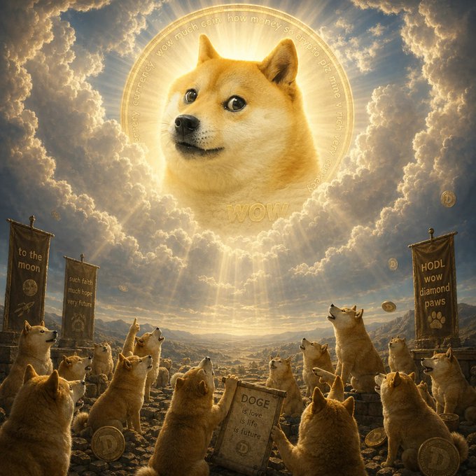 The image features a group of Shiba Inu dogs sitting around each other with their heads tilted upwards as if they are looking up at something or someone above them. The background shows a sky filled with clouds, and there are banners hanging from the ceiling that say "Dogecoin forever, forever Dogecoin". This suggests that the image is related to the popular cryptocurrency, Dogecoin, which has been used as an artistic expression in this digital art piece.

The dogs appear to be gathered around a large coin or a banner with the words "Dogecoin" written on it, creating a sense of unity and shared interest among them. The overall composition of the image conveys a feeling of community and connection, with the dogs as the main subjects and the Dogecoin-related elements serving as a visual representation of their bond.