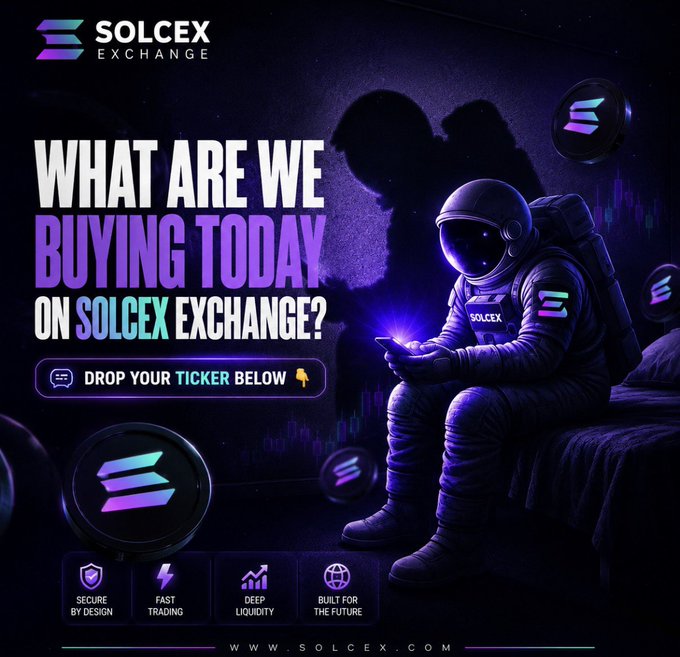 An advertisement for SolCex Exchange features an astronaut and asks 'WHAT ARE WE BUYING TODAY ON SOLCEX EXCHANGE?' with prompts to 'DROP YOUR TICKER BELOW' and highlighting features like 'SECURE BY DESIGN', 'FAST TRADING', 'DEEP LIQUIDITY', and 'BUILT FOR THE FUTURE'.
